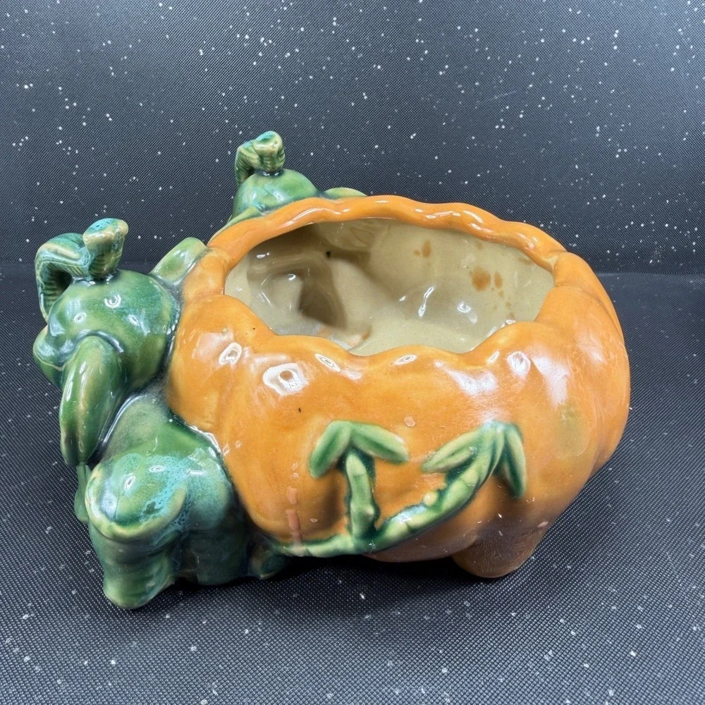 Vintage Majolica Style Elephant Pumpkin Ceramic Planter Green Orange Dish Bowl